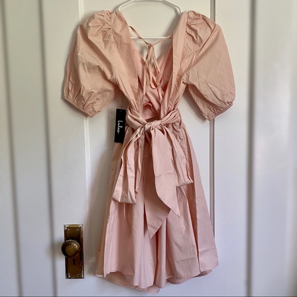 Cotton Light Pink Short Sleeve V-neck Mini Dress - Picture 4 of 6